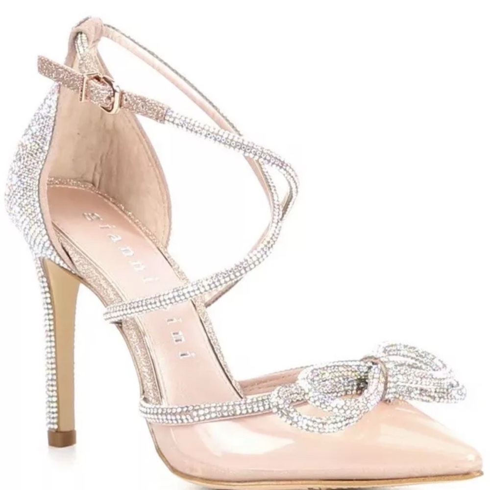 Ezlynn Clear Rhinestone Embellished Bow Pointed Toe Pumps- Rose Gold